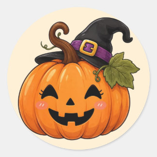 Pegatina Redonda Cute Calabaza de Halloween Sombrero de Bruja Pegat