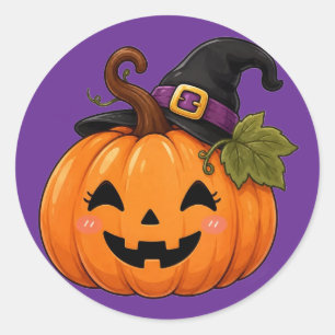 Pegatina Redonda Cute calabaza de Halloween sombrero de bruja Stick
