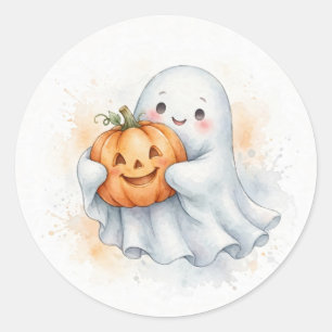 Pegatina Redonda Cute Calabaza Fantasma Acuarela Sticker de Hallowe