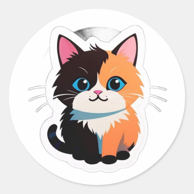 Pegatina Redonda Cute Calico Cat Sticker – Adorable Dual-Tone Kitty (Anverso)
