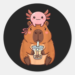 Pegatina Redonda Cute Capybara Bebiendo Boba Tea Kawaii Axolotl
