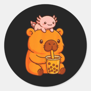 Pegatina Redonda Cute Capybara Bebiendo Bubble Tea Y Axolotl Kawa