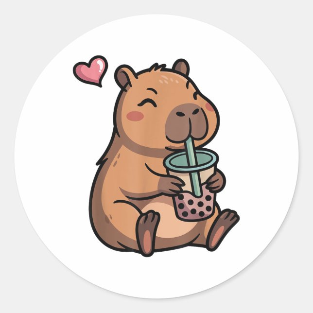 Pegatina Redonda Cute Capybara Boba Bubble Tea Kawaii Capybara Chic (Anverso)