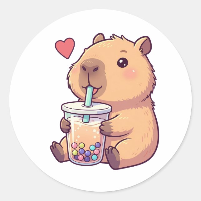 Pegatina Redonda Cute Capybara Boba burbuja de té para Chica (Anverso)