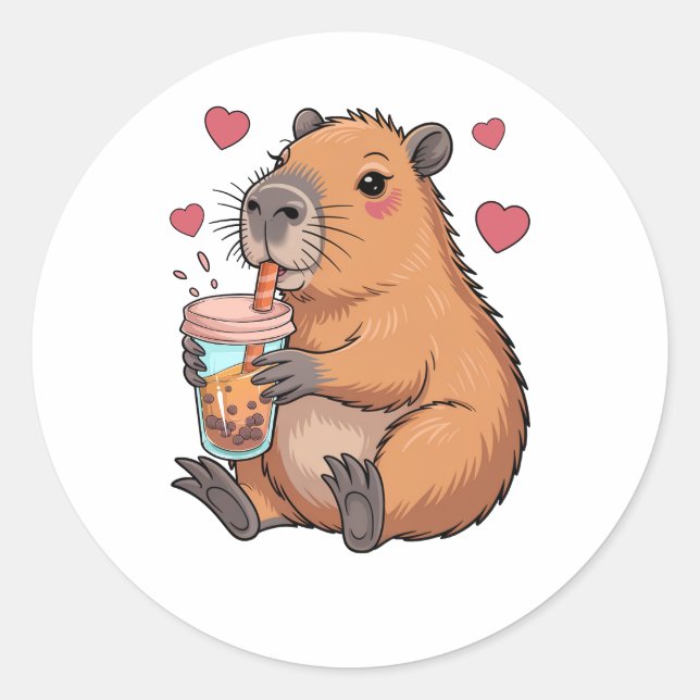 Pegatina Redonda Cute Capybara Boba Tea Bubble (Anverso)