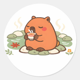 Pegatina Redonda Cute Capybara Hora del Té Onsen Fuente Termal Stic