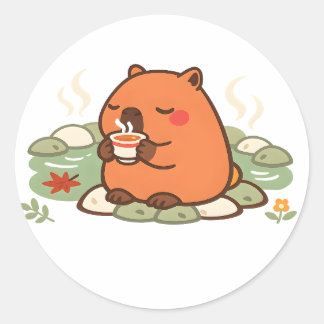 Pegatina Redonda Cute Capybara Hora del Té Onsen Fuente Termal Stic