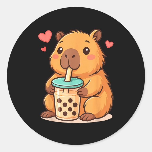 Pegatina Redonda Cute Capybara Kawaii Anime Drinking Bubble Tea Lov (Anverso)