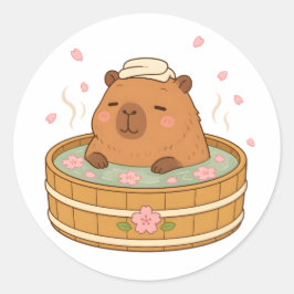 Pegatina Redonda Cute Capybara Sakura Onsen Sticker Flor de Cerezo