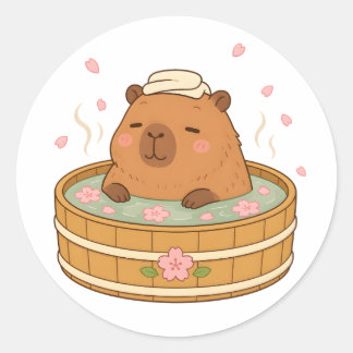 Pegatina Redonda Cute Capybara Sakura Onsen Sticker Flor de Cerezo