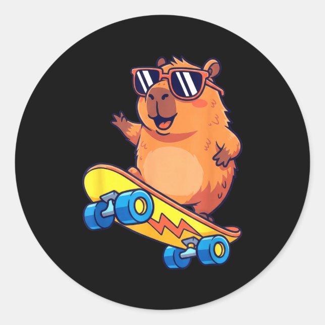 Pegatina Redonda Cute Capybara Skateboarding Chill Animal Lover Art (Anverso)