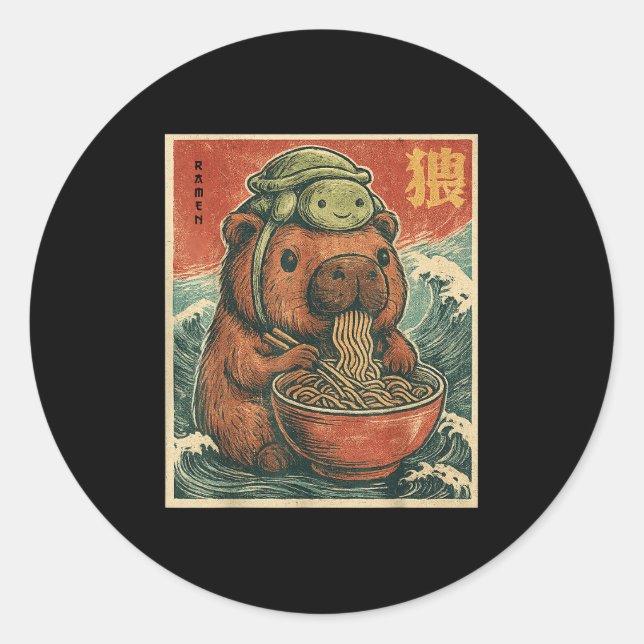 Pegatina Redonda Cute Capybara Y Mochila De Tortuga Ramen Kawaii Ca (Anverso)