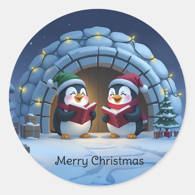 Pegatina Redonda Cute Cartoon Caroling Penguins (Anverso)