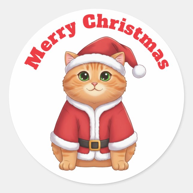 Pegatina Redonda Cute Cartoon Cat in Santa Suit - Merry Christmas  (Anverso)