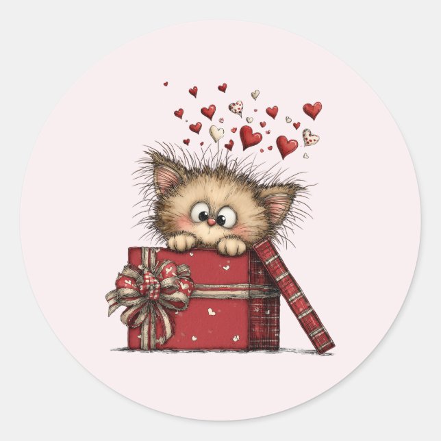 Pegatina Redonda Cute Cartoon Kitten in a Box with Hearts (Anverso)