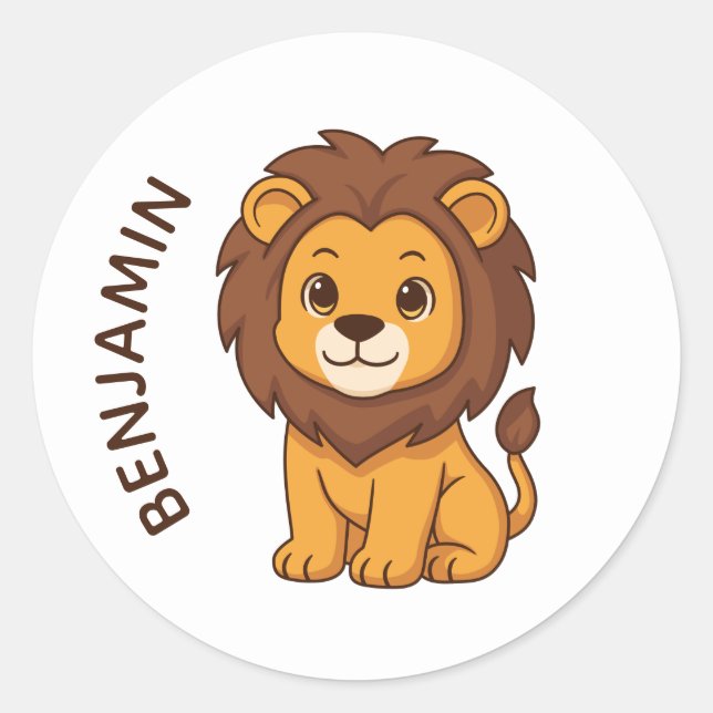 Pegatina Redonda Cute Cartoon Lion Custom Name (Anverso)