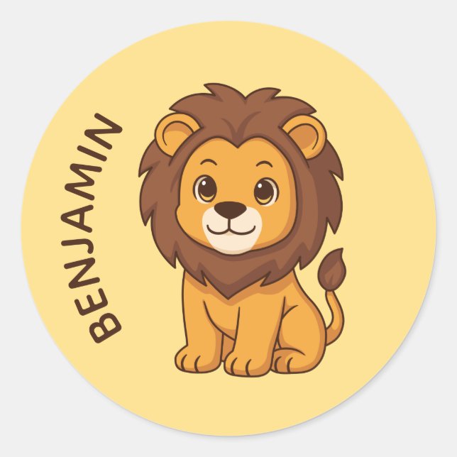 Pegatina Redonda Cute Cartoon Lion Yellow Custom Name (Anverso)