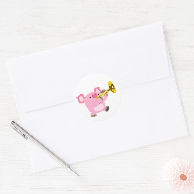 Pegatina Redonda Cute Cartoon Pig Playing Trumpet Sticker (Sobre)
