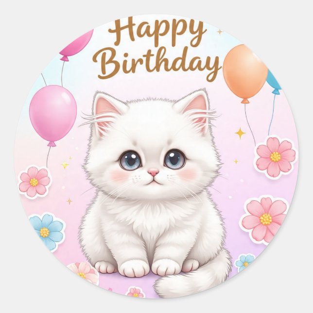 Pegatina Redonda Cute cat birthday sticker  (Anverso)