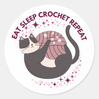 Pegatina Redonda Cute Cat Eat Sleep Crochet Repeat