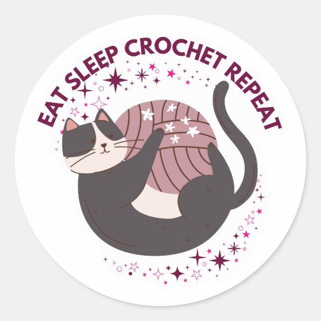 Pegatina Redonda Cute Cat Eat Sleep Crochet Repeat (Anverso)