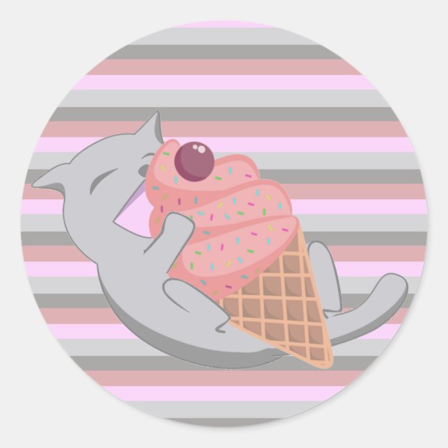 Pegatina Redonda Cute Cat Eating Ice Cream Striped (Anverso)