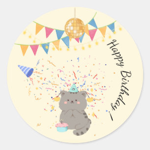 Pegatina Redonda Cute Cat Feliz Cumpleaños Sticker Redondo Pastel