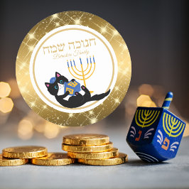 Pegatina Redonda Cute Cat Gold Menorah dreidel Jewish Hanukkah