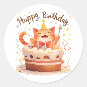 Pegatina Redonda Cute Cat Happy Birday