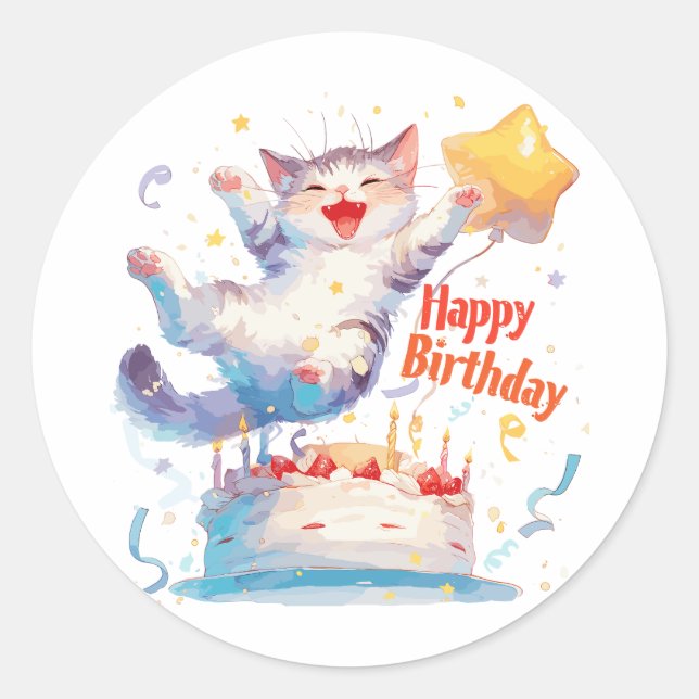 Pegatina Redonda Cute Cat Happy Birday (Anverso)