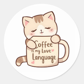 Pegatina Redonda Cute Cat Hug Coffee Love Language
