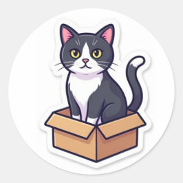 Pegatina Redonda Cute Cat In Cardboard Box Sticker Funny Cat