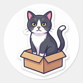 Pegatina Redonda Cute Cat In Cardboard Box Sticker Funny Cat