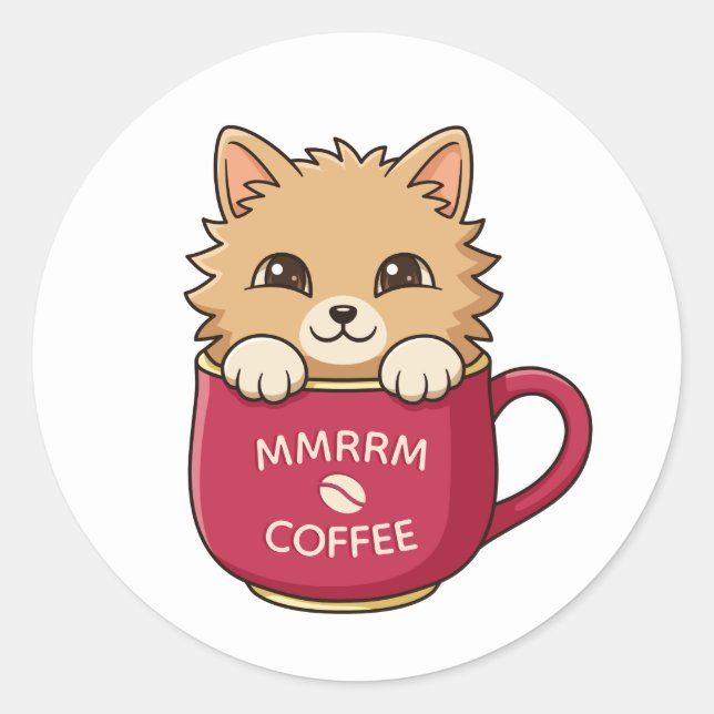 Pegatina Redonda Cute Cat in Coffee Mug Custom Text (Anverso)