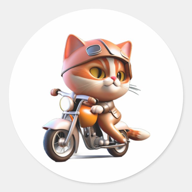 Pegatina Redonda CUTE CAT montando una camiseta clásica en motocicl (Anverso)