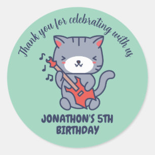 Pegatina Redonda Cute Cat Play Guitar Kids Birday Fiesta