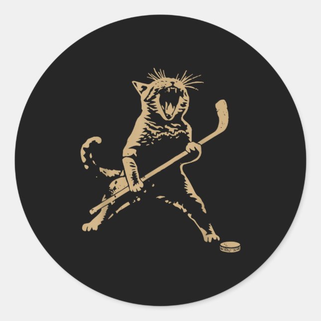 Pegatina Redonda Cute Cat Playing Ice Hockey Lover Player Funny  (Anverso)