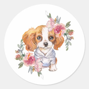 Pegatina Redonda Cute Cavalier King Charles Spaniel y Flores