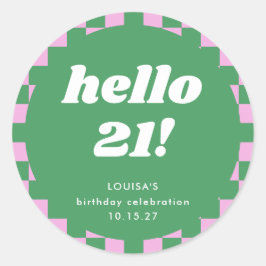 Pegatina Redonda Cute Checkerboard Pink Green 21st Birthday Persona