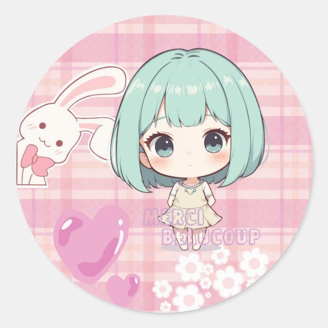 Pegatina Redonda Cute Chibi Cabello Verde (Anverso)