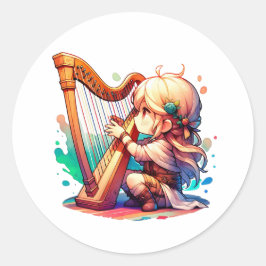 Pegatina Redonda Cute Chibi Chica Jugando Harp