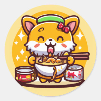 Pegatina Redonda Cute Chibi Corgi Comiendo Fideos Ramen