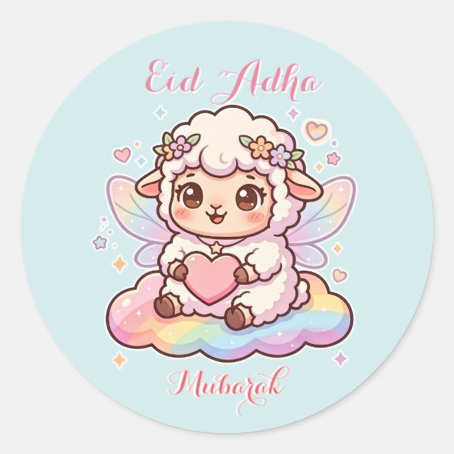 Pegatina Redonda Cute Chibi Hada Oveja Arcoíris Eid Adha Mubarak  (Anverso)