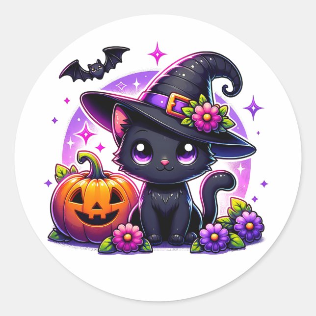 Pegatina Redonda Cute Chibi Halloween Gato negro y Calabaza (Anverso)