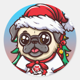 Pegatina Redonda Cute Chibi Kawaii Dog Pug Christmas Sticker