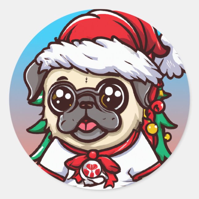 Pegatina Redonda Cute Chibi Kawaii Dog Pug Christmas Sticker (Anverso)