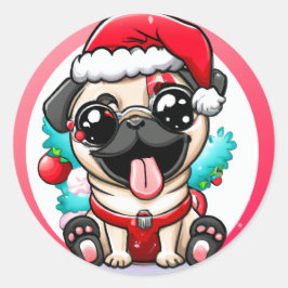 Pegatina Redonda Cute Chibi Kawaii Dog Pug Christmas Sticker