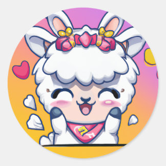 Pegatina Redonda Cute Chibi Kawaii Llama Love Sunset