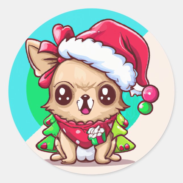 Pegatina Redonda Cute Chibi Kawaii Long Haired Chihuahua Navidades (Anverso)