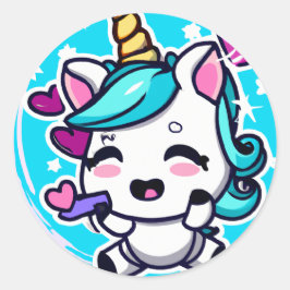 Pegatina Redonda Cute Chibi Kawaii Unicorn Corazones rosas azules